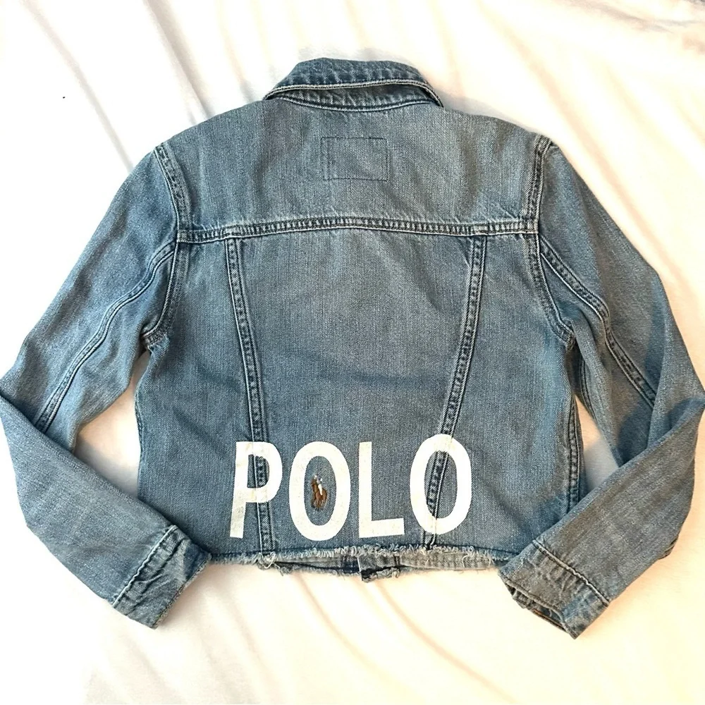 Polo Ralph Lauren Denim Trucker Jacket Y2K Youth Sz 10 Cropped Raw Hem Spell Out